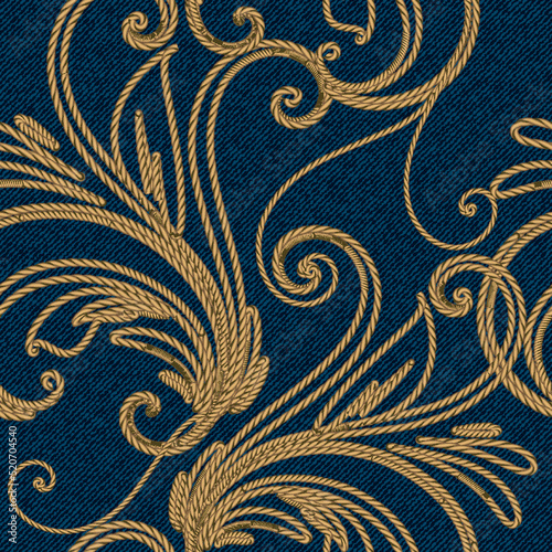 Luxury gold string floral 3d seamless pattern. Textured denim jeans background. Tapestry repeat vector backdrop. Vintage swirls lines flowers embroidery ornament on jeans material. Endless texture