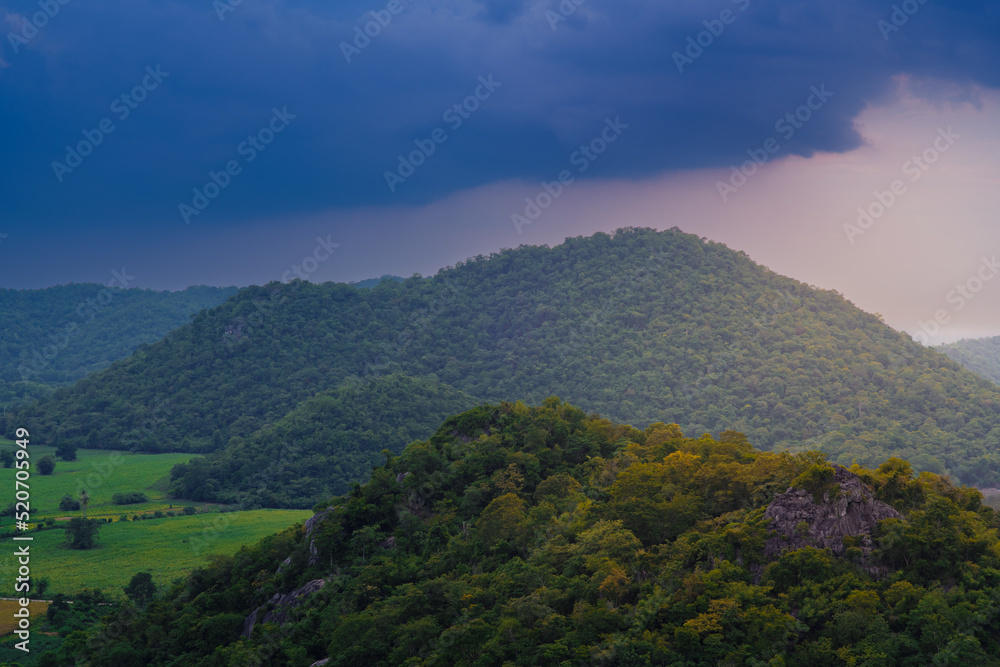 Phu Sub Lek Green Mountains with Storm clouds at Lopburi province in Thailand.