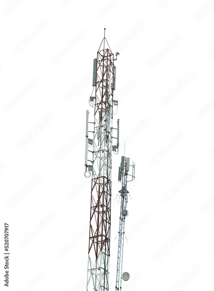 Telecommunications antennas, telecommunications tower or telephone pole a long distance,Mobile network or 4g 5g telecommunications, isolated on white background. Telecommunications antennas, telecommunications tower or telephone pole a long distance,Mobile network or 4g 5g telecommunications, isolated on white background.