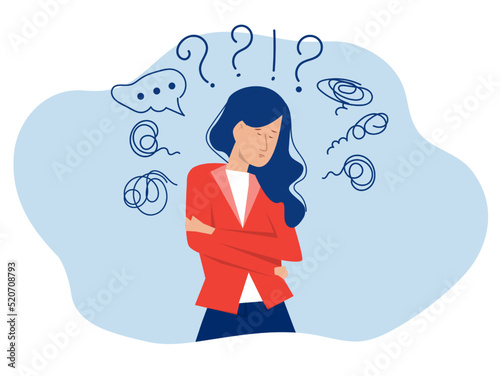 woman suffers from obsessive thoughts; headache; unresolved issues; psychological trauma; depression.Mental stress panic mind disorder illustration Flat vector illustration.