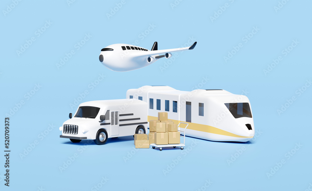 3d worldwide shipping with delivery van, plane, sky train transport isolated on blue background. service, transportation, air cargo trucking, railway shipping, land transport concept, 3d render 3d worldwide shipping with delivery van, plane, sky train transport isolated on blue background. service, transportation, air cargo trucking, railway shipping, land transport concept, 3d render