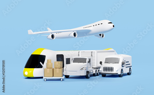 land transport concept, 3d worldwide shipping with truck delivery van, plane, sky train transport isolated on blue background. service, transportation, air cargo trucking, railway shipping, 3d render