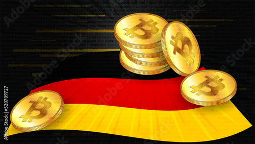Stacks of gold coins of Bitcoin BTC on colored flag of Germany on dark digital background. Central Bank of Deutschland adopts laws on digital assets CBDC.