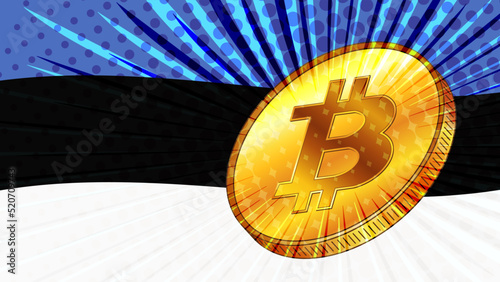 Gold coin of Bitcoin BTC and colored flag of Estonia on background. Central Bank of Estonia adopts laws on mining and digital assets.