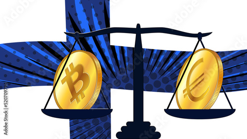 Gold coin of Bitcoin BTC and Euro EUR on scales and colored flag of Finland on background. Central Bank of Finland adopts laws on digital assets CBDC.