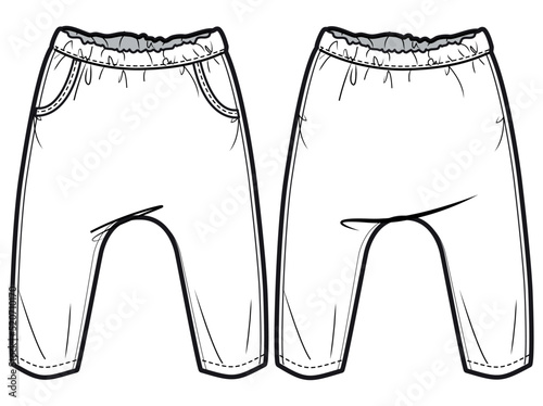 Infant Newborn Baby Pant, Diaper Cut Pant Front and Back View. fashion illustration vector, CAD, technical drawing, flat drawing.	