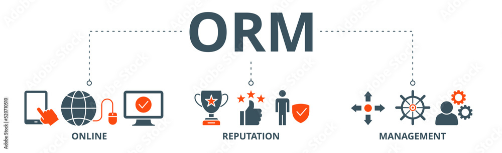 ORM banner web icon vector illustration concept for online reputation management with icon of internet, browser, winner, trust, favorite, and business ORM banner web icon vector illustration concept for online reputation management with icon of internet, browser, winner, trust, favorite, and business