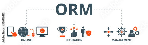 ORM banner web icon vector illustration concept for online reputation management with icon of internet, browser, winner, trust, favorite, and business