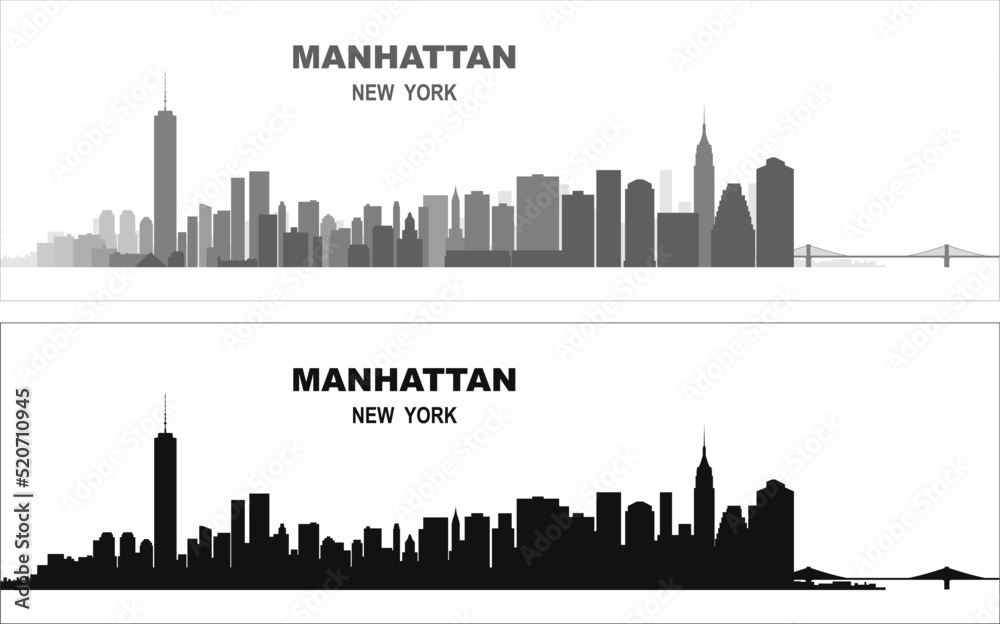 Layered editable vector illustration silhouette of Manhattan, New York City, USA, each building is on a separate layer.