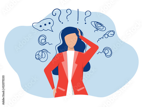 woman suffers from obsessive thoughts; headache; unresolved issues; psychological trauma; depression.Mental stress panic mind disorder illustration Flat vector illustration.