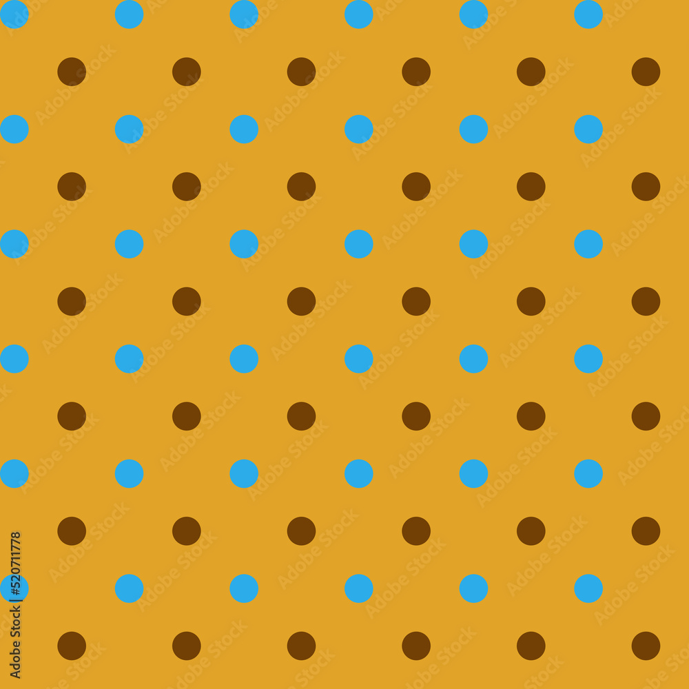 Cute modest brown and blue polka dots isolated on a dark yellow background Seamless pattern