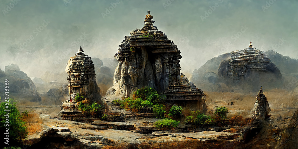Panoramic landscape of an ancient temple in the mountains, the remains of a lost civilization. 3d illustration - obrazy, fototapety, plakaty 