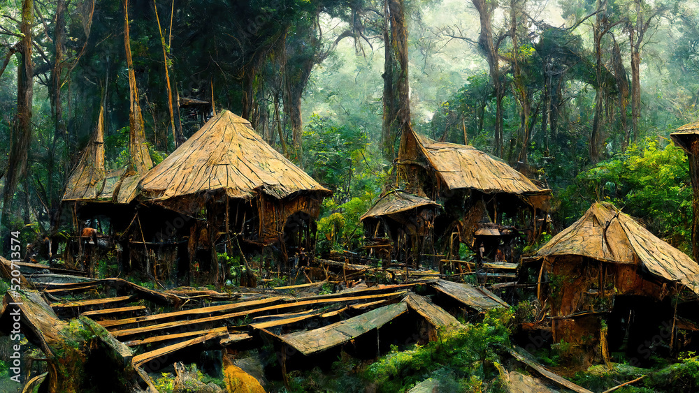Aboriginal Indian village in the tropical jungle, bamboo houses. 3d