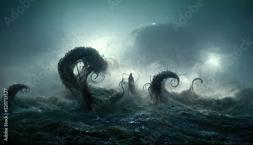 Mysterious monster Cthulhu in the sea, huge tentacles sticking out of the water, landscape. 3d illustration photo