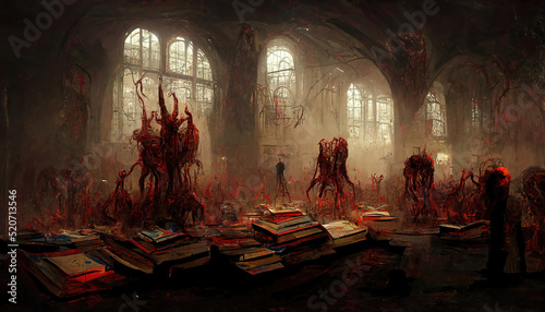 Foto An evil blood demon has taken over the magic library, everything is saturated with sinister magic