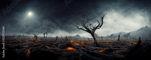 Fotografie, Obraz Devastated scorched earth in the valley, burnt trees, burnt vegetation and grass
