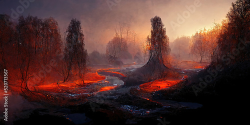 Obraz na plátně Devastated scorched earth in the valley, burnt trees, burnt vegetation and grass