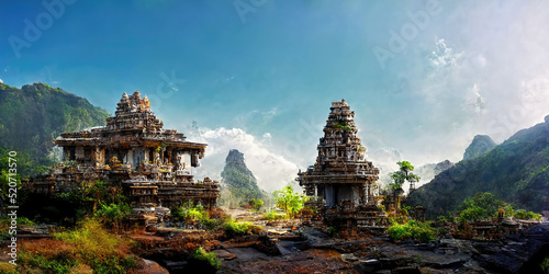 Panoramic landscape of an ancient temple in the mountains, the remains of a lost civilization. 3d illustration photo