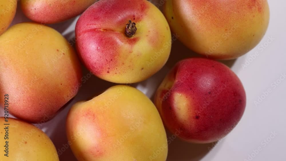 Fresh ripe juicy yellow orange red apricot fruit pile whole cut half slice seed on white background turn rotate move flat lay top view Fresh ripe juicy yellow orange red apricot fruit pile whole cut half slice seed on white background turn rotate move flat lay top view
