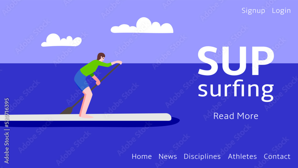 Web banner for sup surfing competitions. A woman is rowing standing on a board. Vector flat illustration.