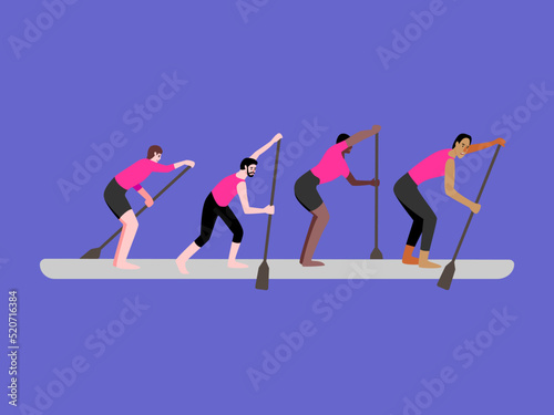 Sup surfing competitions. The World championship. A team of men. Vector flat illustration. Isolated image.