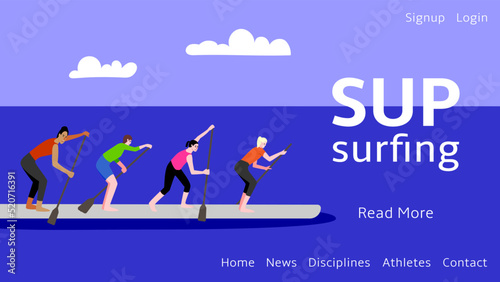 Web banner for sup surfing A team of women rowing women standing on a board. Vector flat illustration.
