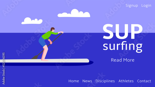 Web banner for sup surfing competitions. A woman is rowing standing on a board. Vector flat illustration.