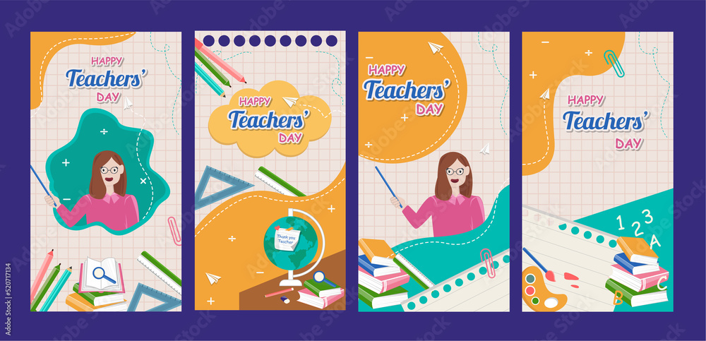 Happy teachers day card with a girl explaining lesson on blackboard and best teacher poster concept with character skirt, book, globe, colorful background.