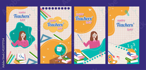 Happy teachers day card with a girl explaining lesson on blackboard and best teacher poster concept with character skirt  book  globe  colorful background.