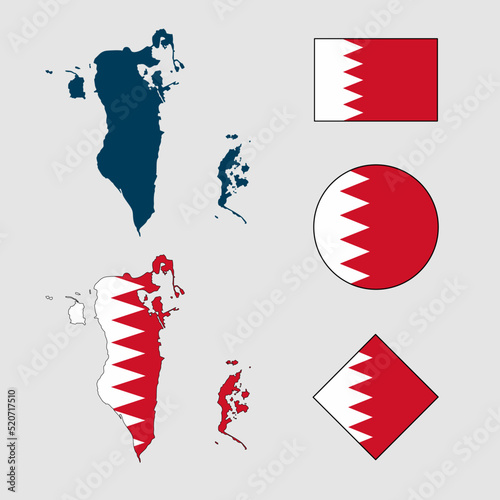 Vector of Bahrain country outline silhouette with flag set isolated on white background. Collection of Bahrain flag icons with square, circle, rectangle and map shapes.