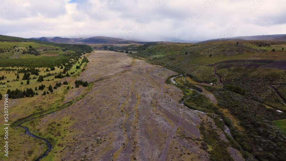 Aerial, forward motion video over rocky terrain surrounded by wilderness on a cloudy day. cotopaxi national park Aerial, forward motion video over rocky terrain surrounded by wilderness on a cloudy day. cotopaxi national park