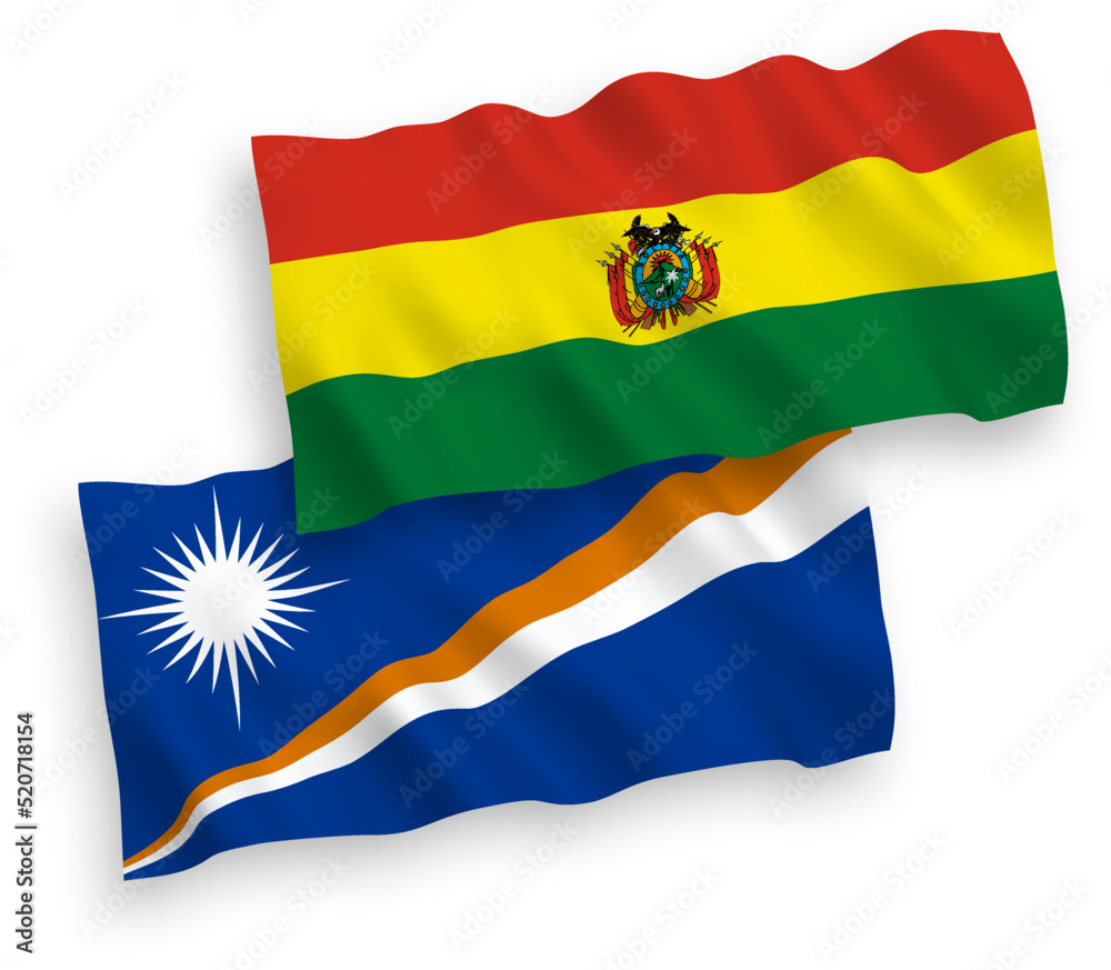 National vector fabric wave flags of Republic of the Marshall Islands and Bolivia isolated on white background. 1 to 2 proportion. National vector fabric wave flags of Republic of the Marshall Islands and Bolivia isolated on white background. 1 to 2 proportion.