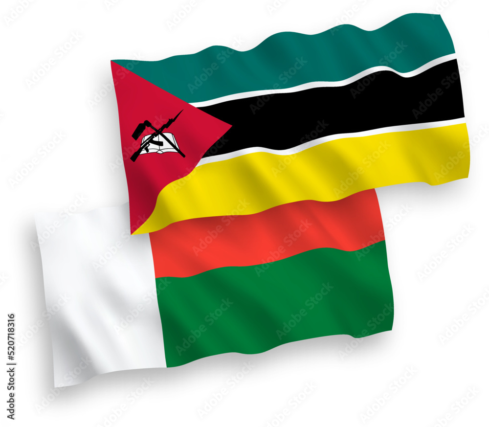 National vector fabric wave flags of Republic of Mozambique and Madagascar isolated on white background. 1 to 2 proportion.