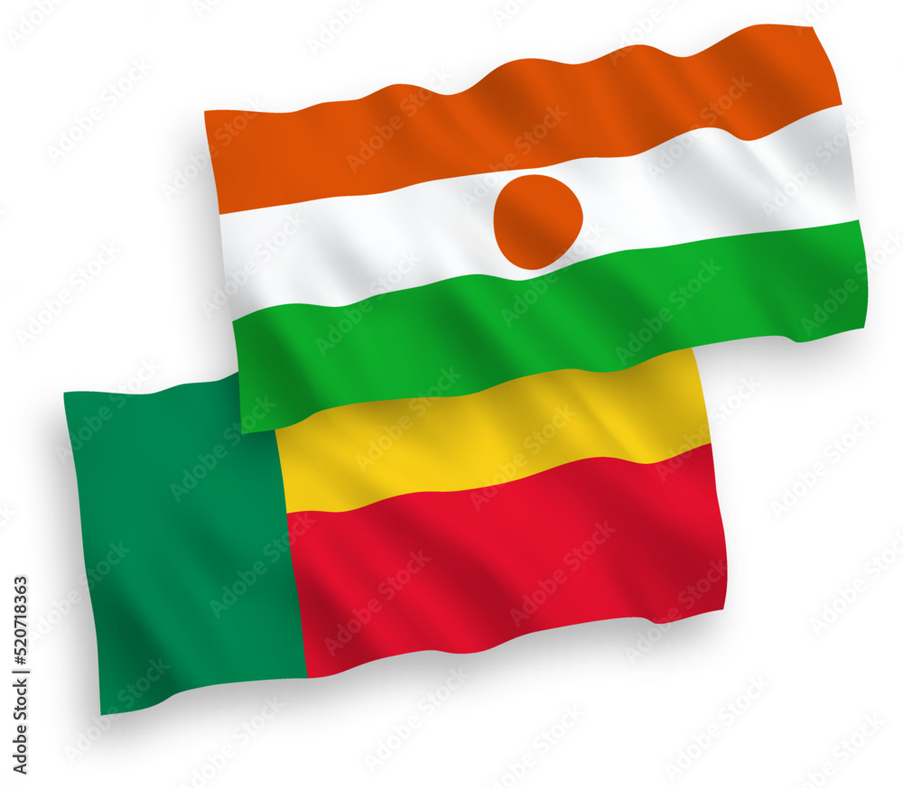 National vector fabric wave flags of Republic of the Niger and Benin isolated on white background. 1 to 2 proportion. National vector fabric wave flags of Republic of the Niger and Benin isolated on white background. 1 to 2 proportion.