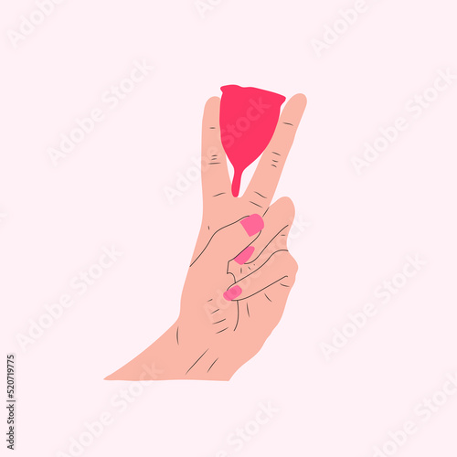 Vector concept illustration for period cup, menstrual cup, moon cup, menstruation, alternatives to tampons, eco and reusable solutions. A hand shows a menstrual cup and small icons at the bottom.