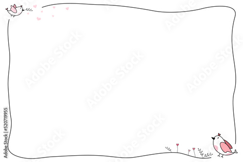 Vector - Empty border or frame with little bird, leaves, heart and flower. Minimal image. Can be use for poster, invitation card, label, web. Copy space.