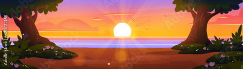 Cartoon nature landscape, summer sunset background with dirt road going along forest trees and green fields with flowers to lake under evening sky with fluffy clouds, scenery wood, Vector illustration