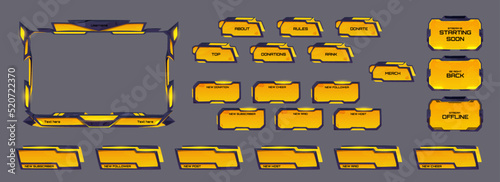Game stream overlay, ui frame with yellow neon glow. Twitch streaming screen, gamer username menu panels and buttons. Template for esport, online live video, digital user interface, Cartoon vector set