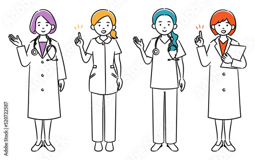 若い女性医療従事者達のシンプルイラストセット