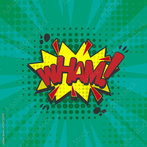 wham comic text bubble, cartoon style pop art,