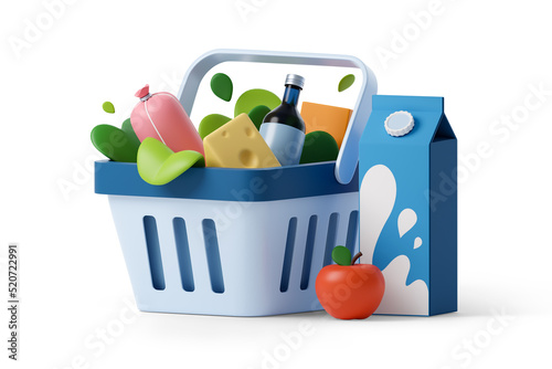 Shopping basket with groceries 3d illustration