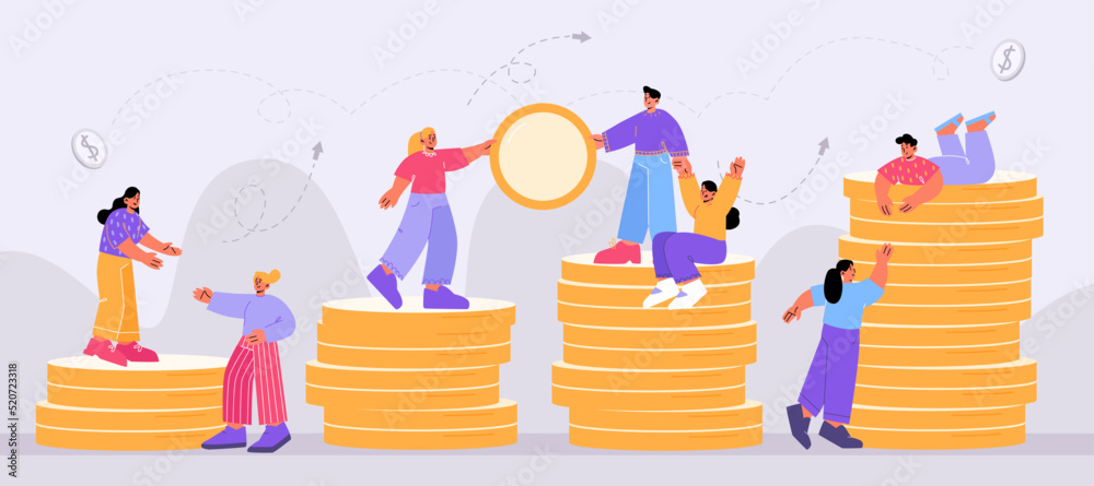 Financial growth, savings, fundraising, partnership, money growth business concept. Tiny characters team work together, people help each other to climb on coin stacks. Linear flat vector illustration