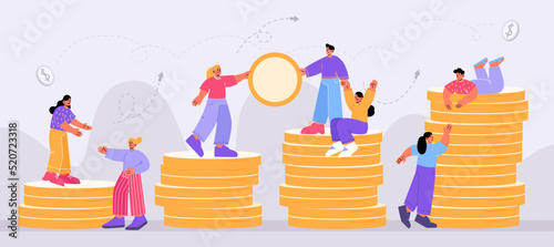 Financial growth, savings, fundraising, partnership, money growth business concept. Tiny characters team work together, people help each other to climb on coin stacks. Linear flat vector illustration