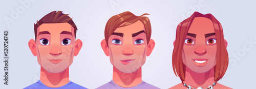 Men portraits with short and long hairs. Male persons avatars isolated on background. Vector cartoon illustration of handsome guys heads with different hairstyles