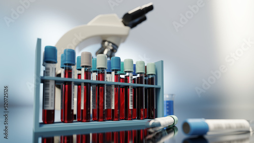 blood sample and microscope, 3d rendering photo