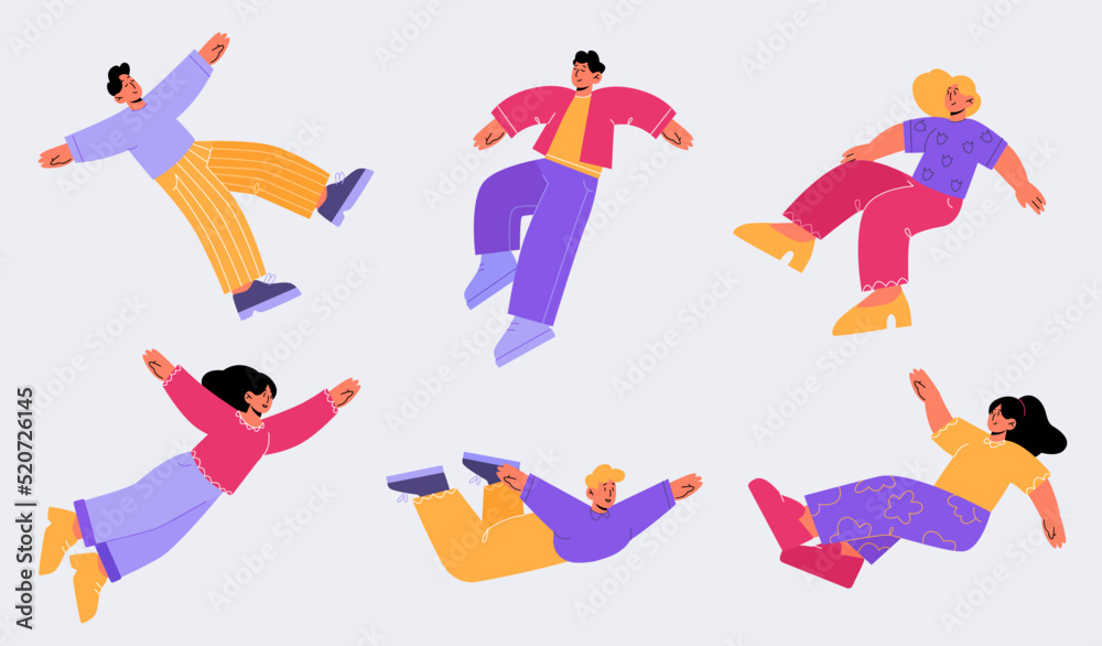 Happy people fly, floating in air. Concept of freedom, dream, imagination. Vector flat illustration of young men and women have fun flying and falling isolated on background