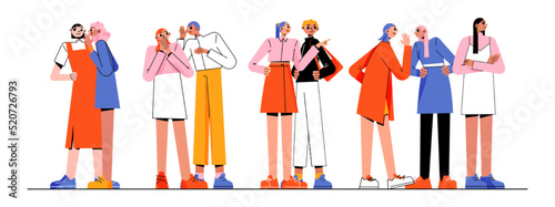 Characters gossips, whisper, happy and unhappy people gossiping, whispering in ear, slandering, spreading secrets, rumors, confidential information and news to friend Line art flat vector illustration