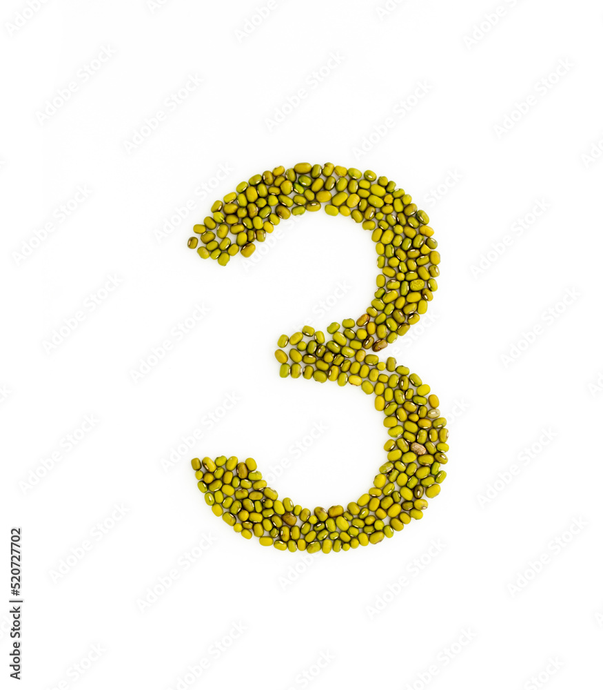 Number 3 made from mung beans. Green mung bean font. Alphabet made from green gram . White background. Dry green maash seeds. Number 3 made from mung beans. Green mung bean font. Alphabet made from green gram . White background. Dry green maash seeds.