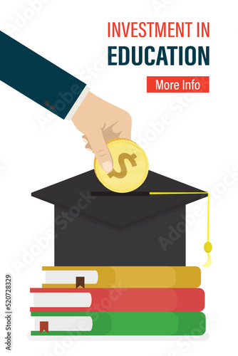 Big hand insert big dollar coin into graduate hat. Education fund for college, saving for school or university tuition fee. Investment in education, concept. Study cost for training expense.