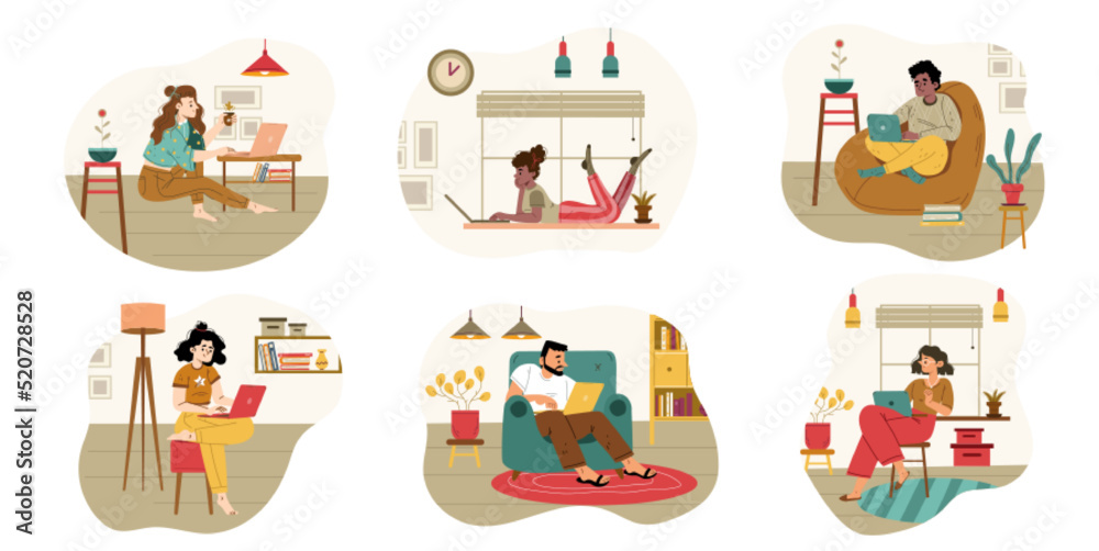 Naklejka premium Freelancers work at home office, relaxed characters working remotely on laptops at comfortable domestic environment. Outsourced freelance self-employed employees Line art flat vector illustration, set